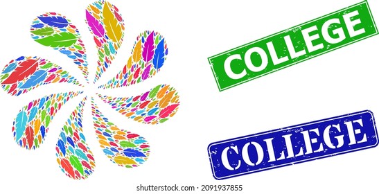 Feather icon multi colored centrifugal cluster flower fireworks composition, and grunge College stamp seal. Blue College and green College rectangle grunge seal stamps.
