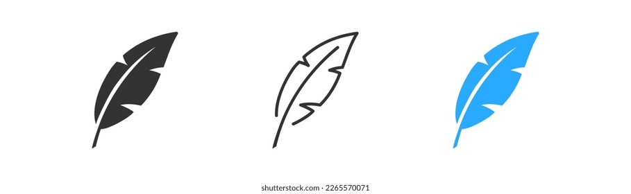 Feather icon on light background. Lightweight symbol. Caligraphy, plume, quill, fluffy, literature, book writing, education. Outline, flat and colored style. Flat design.