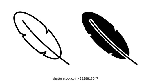 Feather icon representing nature, lightness, birds, writing, and delicate natural elements. Clean outline and filled vector symbol suitable for nature, literature, stationery, decoration, wildlife, and creative designs.