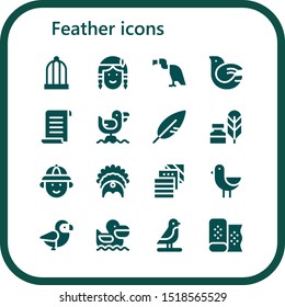 feather icon set. 16 filled feather icons.  Collection Of - Bird cage, Native american, Vulture, Dove, Papyrus, Seagull, Feather, Writing tool, Hunter, Headdress, Fabric icons