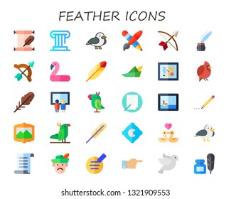 feather icon set. 30 flat feather icons.  Simple modern icons about  - manuscript, history, seagull, pen and brush, bow and arrow, inkwell, flamingo, robin hood, painting, bird
