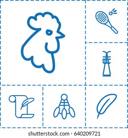 Feather icon. set of 6 feather outline icons such as rooster, badminton, shuttlecock