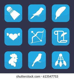Feather icon. set of 9 filled feather icons such as rooster, parrot, sparrow, heart with wings, bow, Shuttlecock