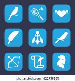 Feather icon. set of 9 filled feather icons such as rooster, parrot, sparrow, heart with wings, bow, badminton