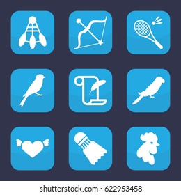 Feather icon. set of 9 filled feather icons such as rooster, parrot, sparrow, feather and paper, heart with wings, bow, Shuttlecock, badminton