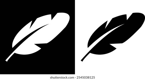 Feather icon set. Beautiful feather silhouettes for classic business logos isolated on black and white background. Collection of black and white silhouettes of a bird feather. Vector illustration