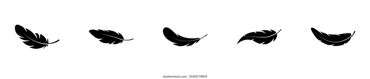 Feather icon set. Bird feather silhouette symbol. Plumelet collection isolated. Vector illustration.