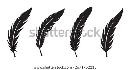 Feather icon set. Bird feather silhouette symbol. Plumelet collection isolated. Vector illustration.