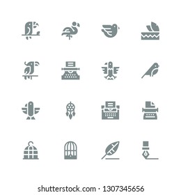feather icon set. Collection of 16 filled feather icons included Ink pen, Write, Bird cage, Typewriter, Dreamcatcher, Eagle, Bird, Parrot, Headdress, Dove, Flamingo, Toucan