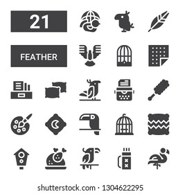 feather icon set. Collection of 21 filled feather icons included Flamingo, Quiver, Parrot, Turkey, Aviary, Pillow, Bird cage, Toucan, Painting palette, Duster, Typewriter, Pillows