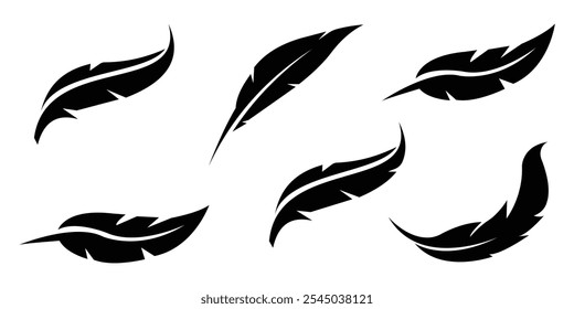 Ícone de difusão definido. Coleção de silhuetas pretas de uma pena de pássaro isoladas em um fundo branco. Logotipo de pena quill caneta minimalista voando - Elegante. Ilustração de arte vetorial