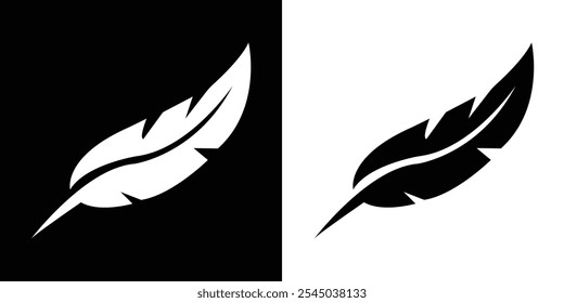 Feather icon set. Collection of black and white silhouettes of a bird feather. Elegant feather silhouettes for classic business logo isolated on black and white.  Vector art illustration.