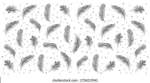 Feather icon set. Hand drawn illustration. Doodle sketch.