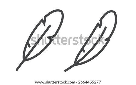 Feather icon set line stroke outline simple vector graphic illustration, thin linear plume silhouette sign symbol pictogram isolated on white background