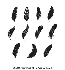 Feather icon set vector illustration, perfect for nature designs, bird or wildlife graphics, decorative artwork, writing and literature projects, boho-themed designs, and minimalist or elegant creative projects.