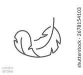 Feather icon. Simple outline style. Light, weight, smooth, pillow, bird, quill, fluff, falling, lightweight concept. Thin line symbol. Isolated design editable stroke.
