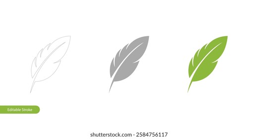 Feather Icon in Three Styles: Editable Stroke Outline, Filled, and Flat Color. Isolated on White Background, Vector Illustration