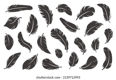 Feather icons. Black plumage silhouettes. Different shapes birdy elements. Smooth and fluffy feathering. Softly and bend lightweight plume. Writing pen. Simple style