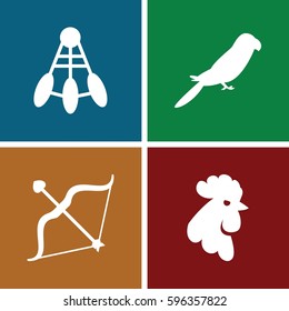 feather icons set. Set of 4 feather filled icons such as rooster, parrot, bow