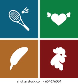 Feather icons set. set of 4 feather filled icons such as rooster, heart with wings, badminton