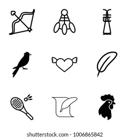 Feather icons. set of 9 editable filled and outline feather icons such as heart with wings, shuttlecock, bow, shuttlecock, badminton, rooster