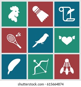 Feather icons set. set of 9 feather filled icons such as rooster, parrot, heart with wings, bow, Shuttlecock, badminton