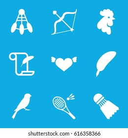 Feather icons set. set of 9 feather filled icons such as rooster, sparrow, heart with wings, bow, Shuttlecock, badminton