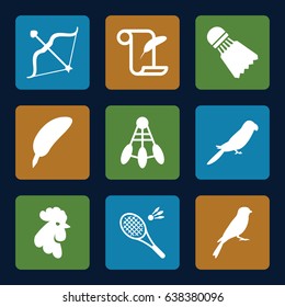 Feather icons set. set of 9 feather filled icons such as rooster, parrot, sparrow, bow, shuttlecock, badminton