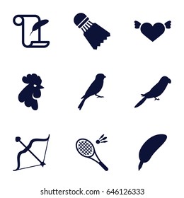 Feather icons set. set of 9 feather filled icons such as rooster, parrot, sparrow, heart with wings, bow, shuttlecock