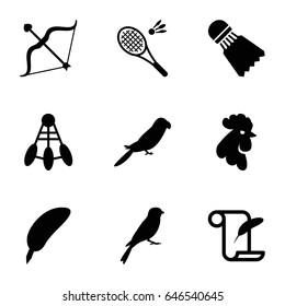 Feather icons set. set of 9 feather filled icons such as rooster, parrot, sparrow, bow, shuttlecock, badminton