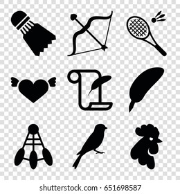 Feather icons set. set of 9 feather filled icons such as rooster, sparrow, heart with wings, bow, shuttlecock, badminton