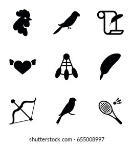 Feather icons set. set of 9 feather filled icons such as rooster, parrot, sparrow, heart with wings, bow, badminton