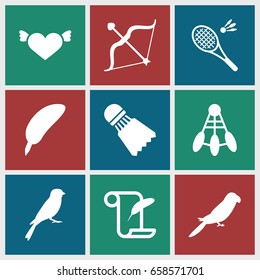 Feather icons set. set of 9 feather filled icons such as parrot, sparrow, heart with wings, bow, shuttlecock, badminton