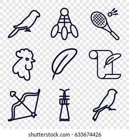 Feather icons set. set of 9 feather outline icons such as rooster, parrot, sparrow, bow, badminton, shuttlecock