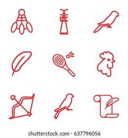 Feather icons set. set of 9 feather outline icons such as rooster, parrot, sparrow, bow, badminton, shuttlecock