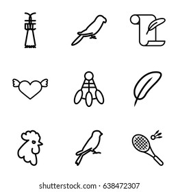 Feather icons set. set of 9 feather outline icons such as rooster, parrot, sparrow, badminton, shuttlecock, heart with wings