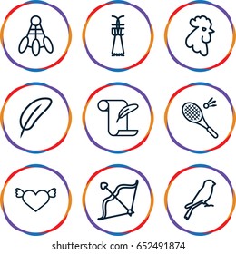 Feather icons set. set of 9 feather outline icons such as rooster, sparrow, bow, badminton, shuttlecock, heart with wings