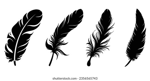 Iconos de plumas. Conjunto de iconos de plumas negras aislados en fondo blanco. Siluetas de plumas. Ilustración del vector