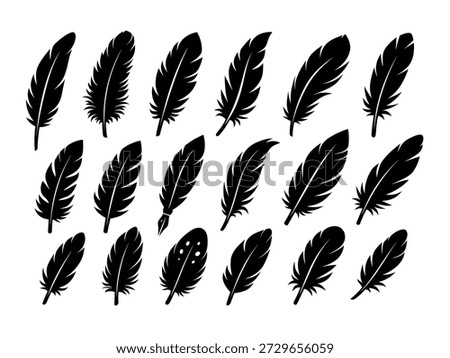Feather icons. Set of black feather icons isolated. Feather silhouettes.