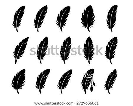 Feather icons. Set of black feather icons isolated. Feather silhouettes.