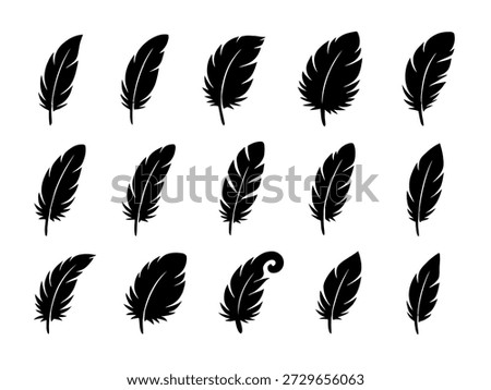 Feather icons. Set of black feather icons isolated. Feather silhouettes.