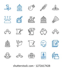 feather icons set. Collection of feather with ink pen, dreamcatcher, cage, love birds, swans, write, bird, parchment, dove, bird cage, literature. Editable and scalable feather icons.