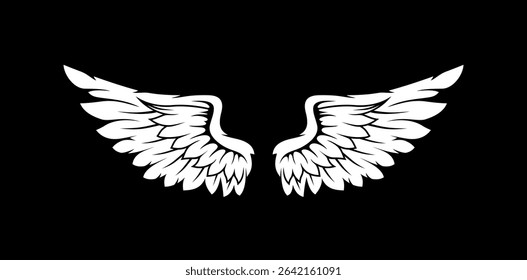 feather illustration, angel, wings, white, black background, symmetry, fantasy, graphic, elegant, flight, heavenly, soft, art, design, tattoo, ethereal, celestial, icon, symbol, drawing, pair wings