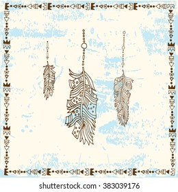 Feather illustration in boho style on patterned background with frame