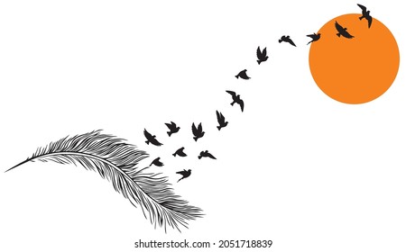 Ilustración de la pluma con siluetas de aves voladoras al atardecer, vector. Diseño de afiches minimalistas en blanco y negro. 