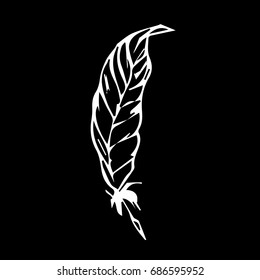 Feather illustration on back background. Doodle style. Design icon, print, logo, poster, symbol, decor, textile, paper, card. 