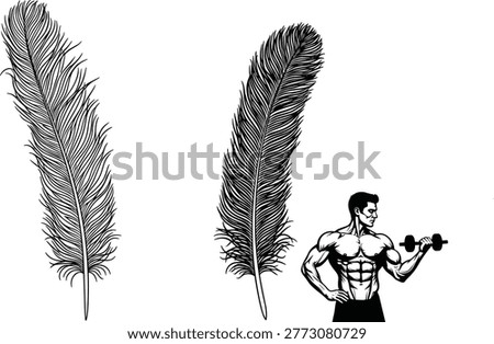 Feather illustration set, detailed plume design, fitness man lifting dumbbell, muscle bodybuilder concept, black white vector line art collection