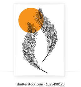 Feather illustration with sunset background, vector. Feather silhouette isolated on white background. Wall decals, wall art, artwork. Minimalist poster design