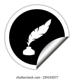 feather and ink bottle - black vector icon. Round sticker.