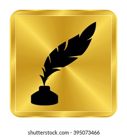feather and ink bottle - black vector icon;  gold button